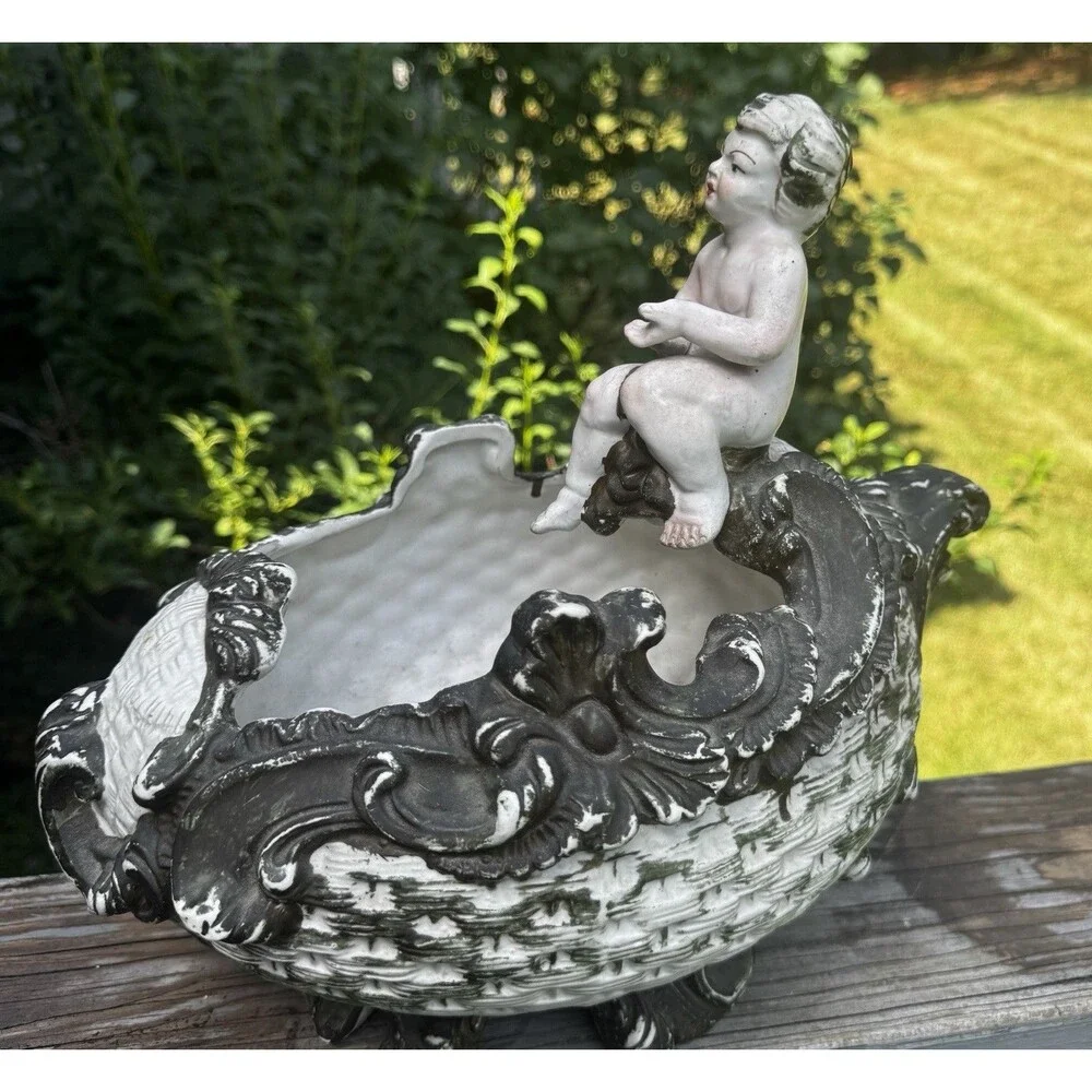 Vintage Capodimonte Italy Cherub Planter Basket Porcelain 3D Rose Putti 11